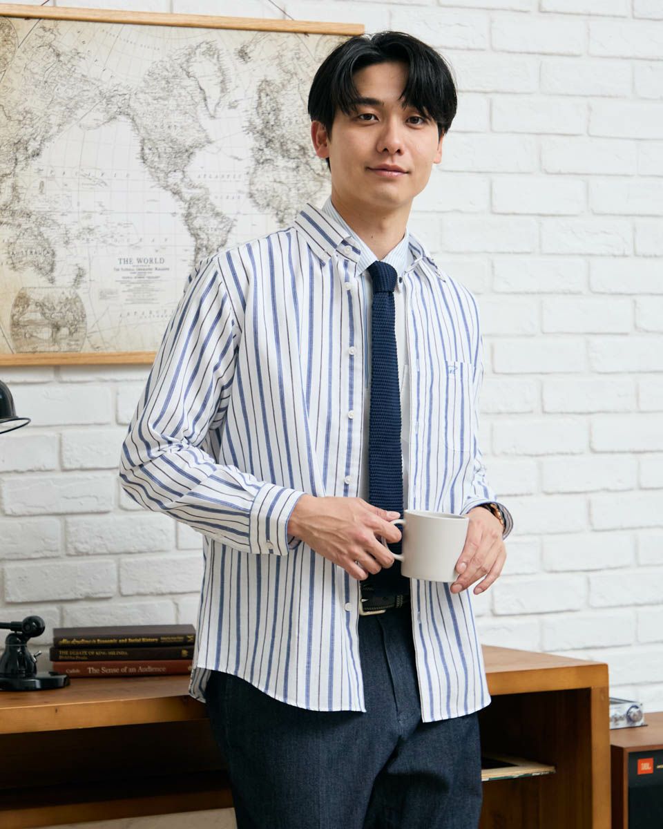 麻混ストライプシャツ