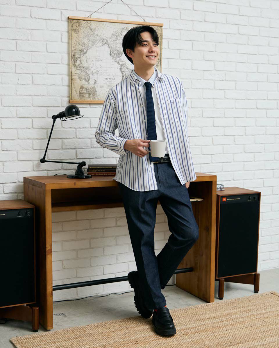 麻混ストライプシャツ