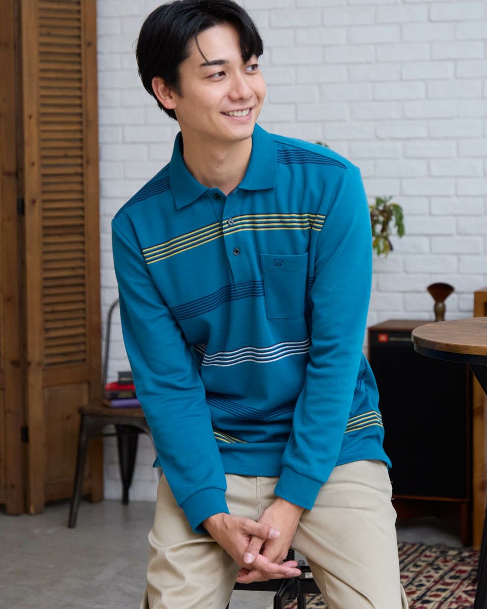 ボーダー長袖ポロシャツ