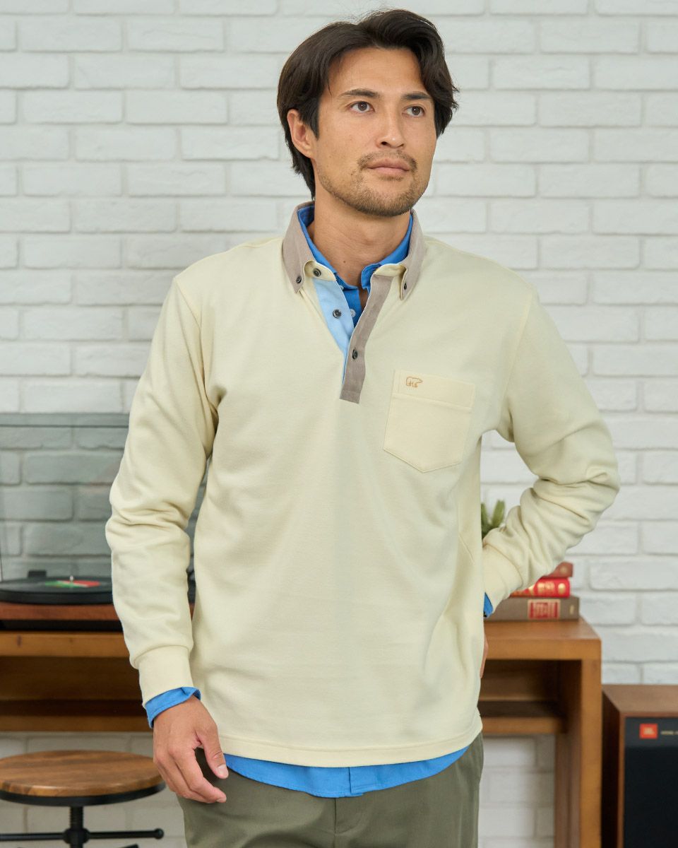 布帛襟長袖ポロシャツ
