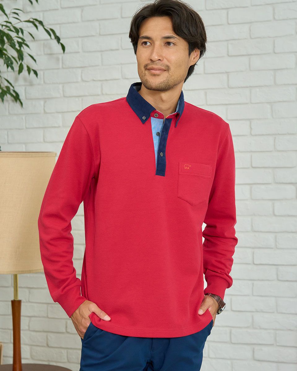 布帛襟長袖ポロシャツ