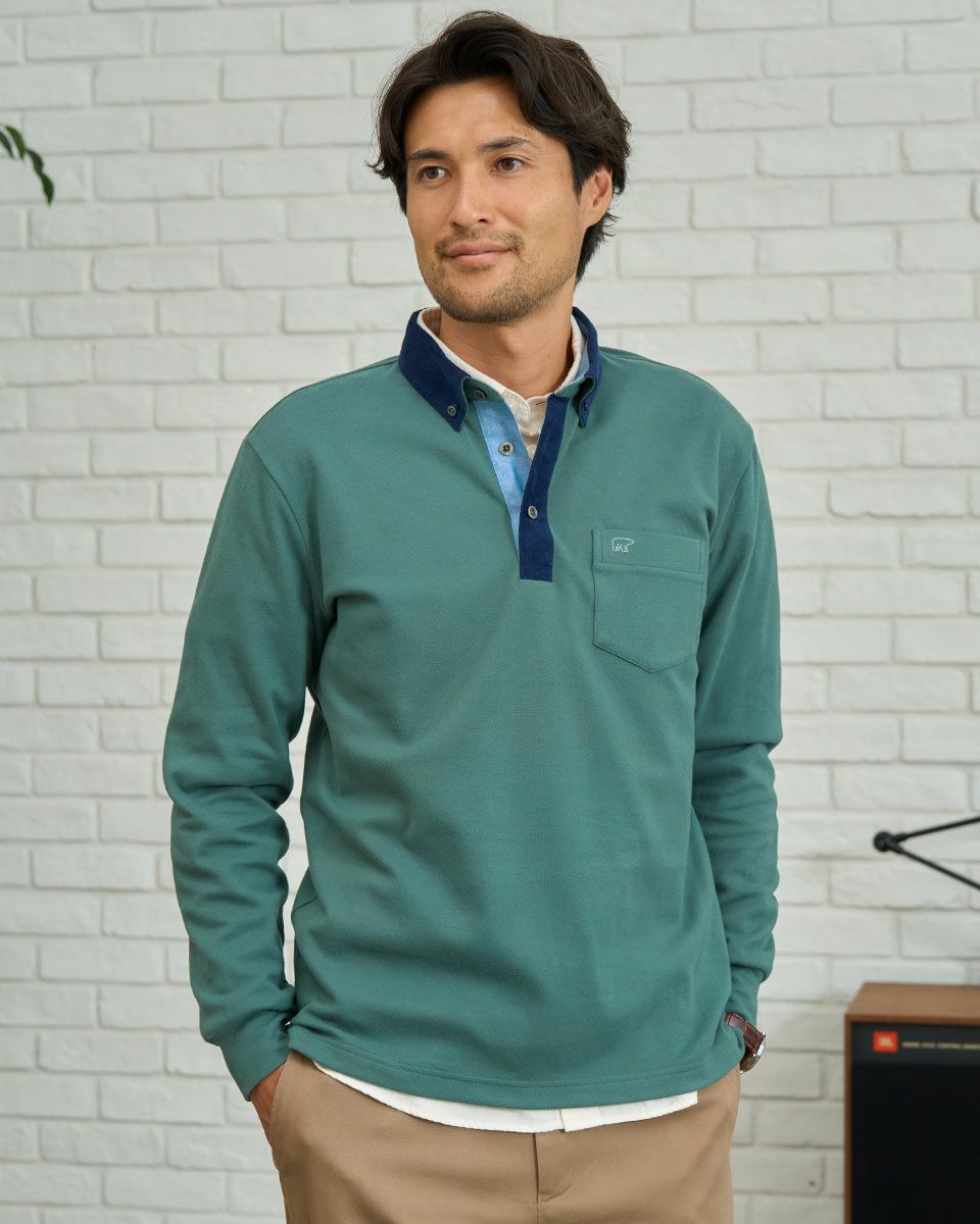 布帛襟長袖ポロシャツ