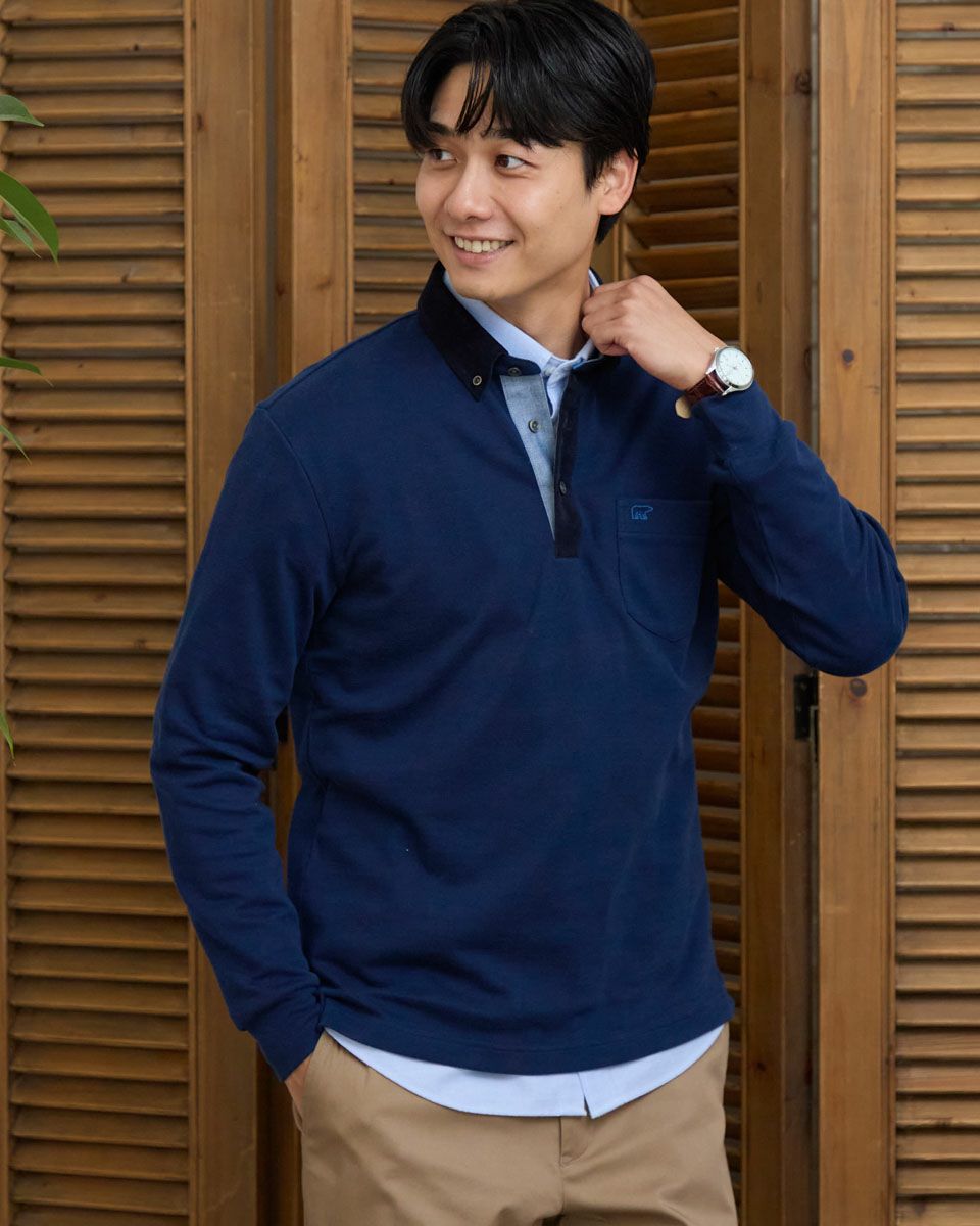 布帛襟長袖ポロシャツ