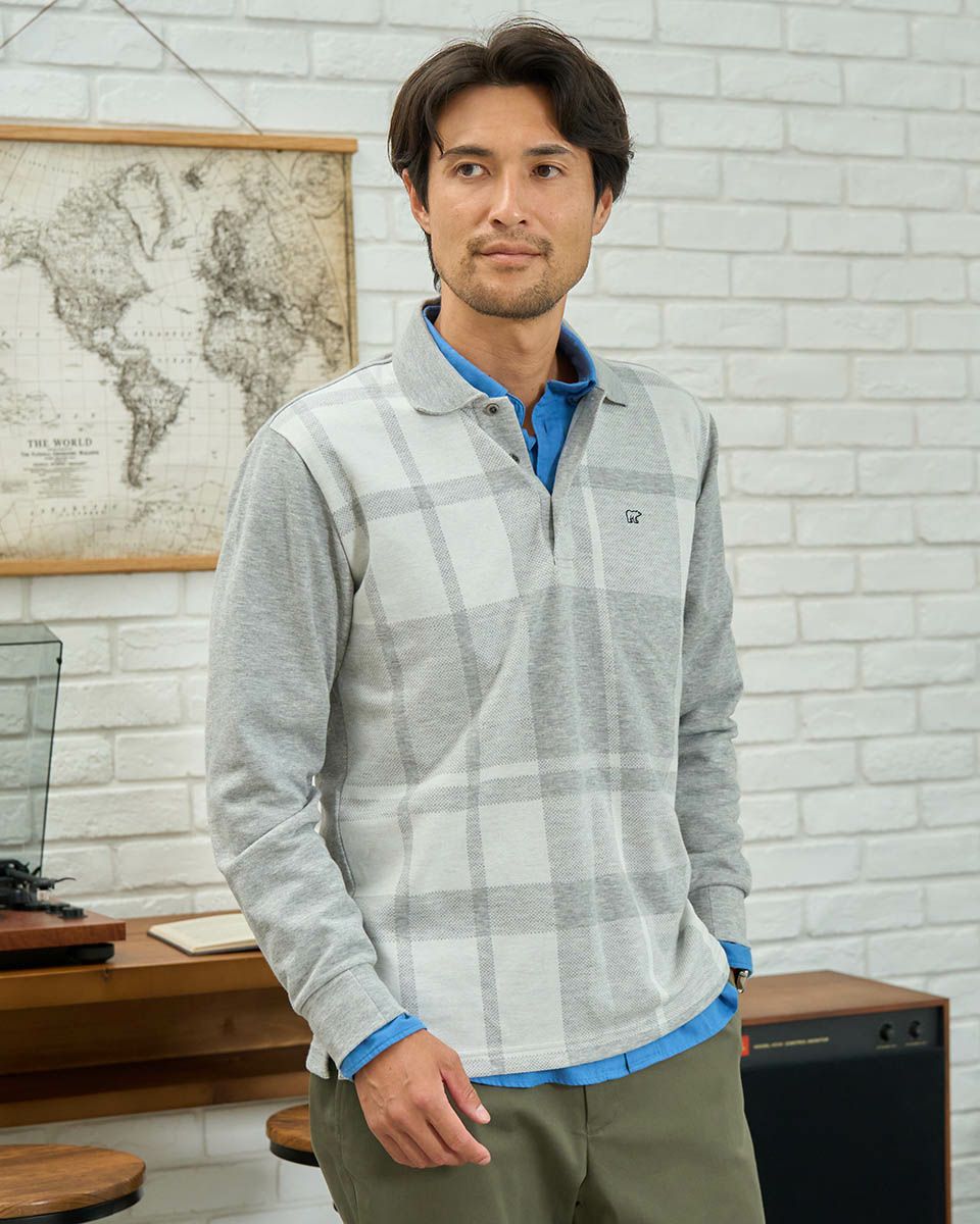 長袖チェックポロシャツ