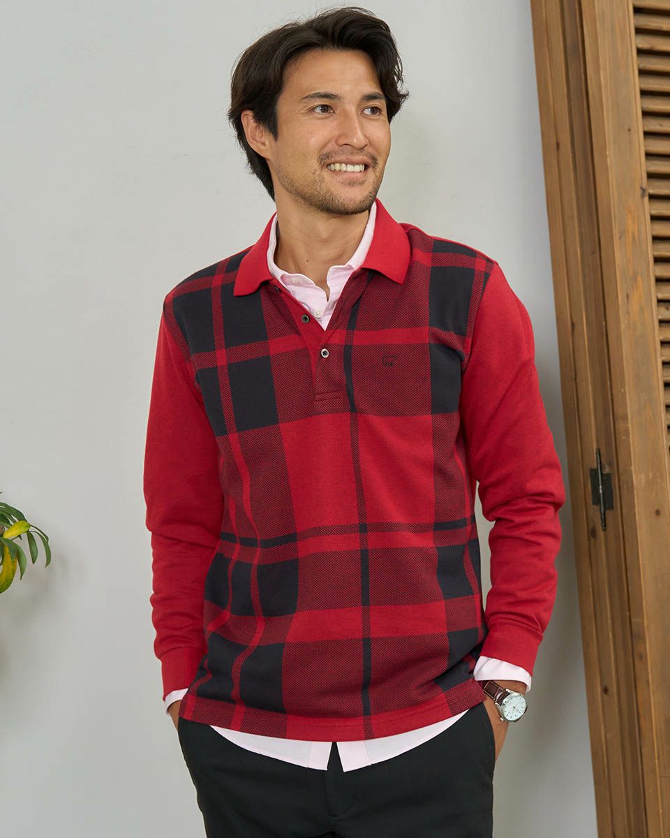 長袖チェックポロシャツ