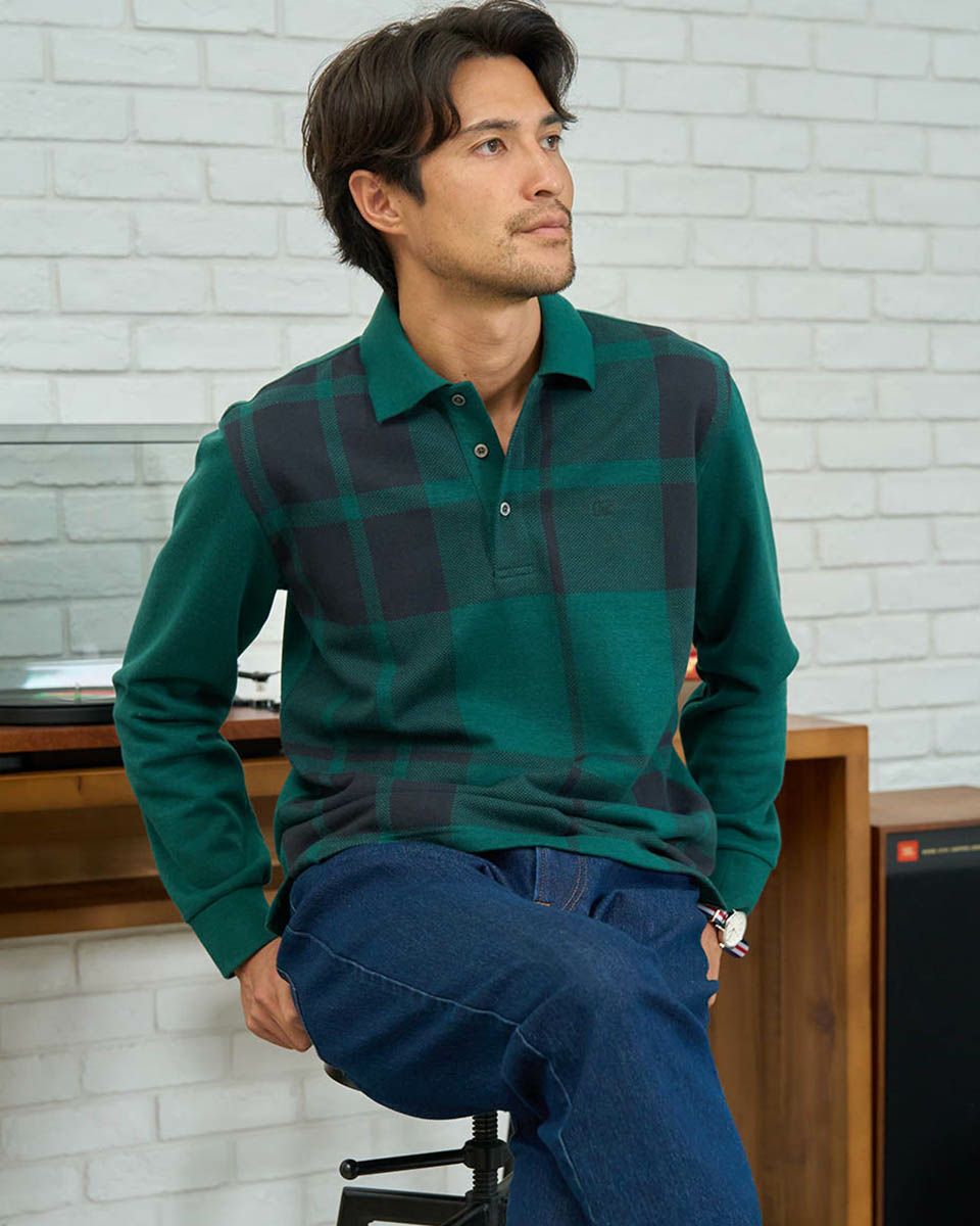 長袖チェックポロシャツ