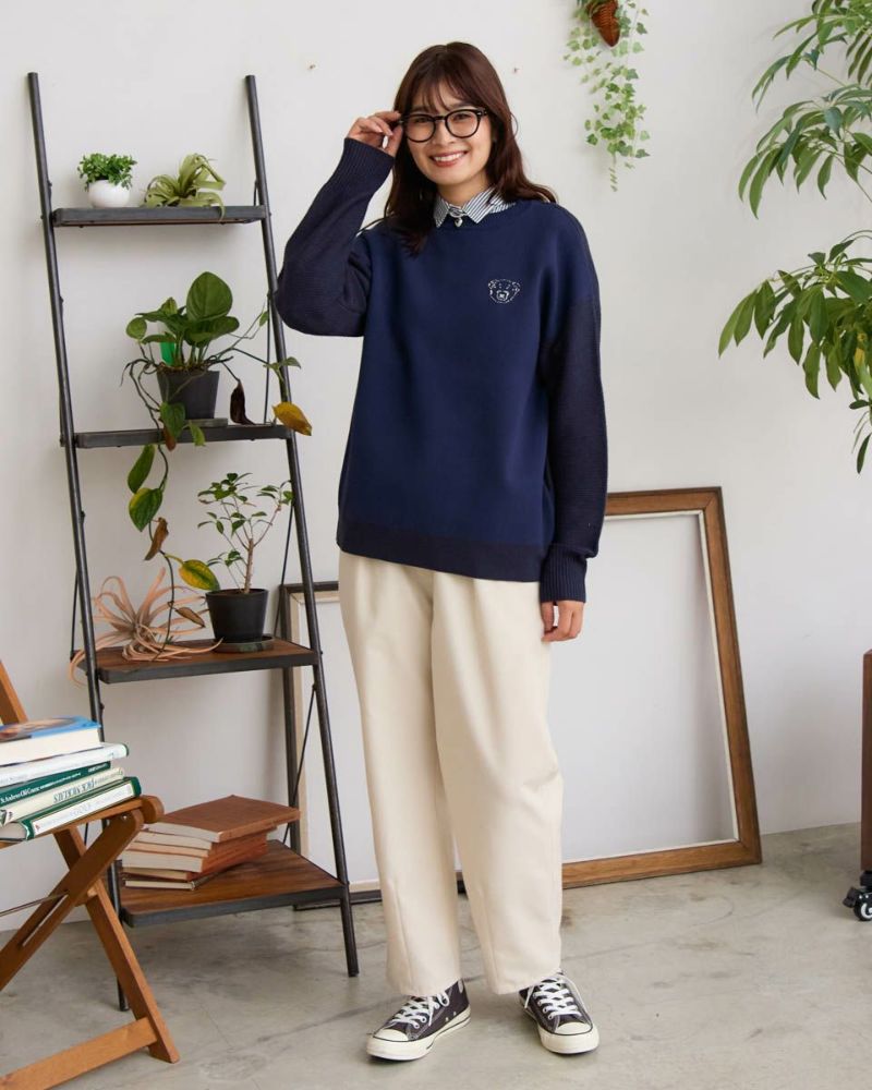 NOUNLESS ロゴ入り長袖ニットネイビー/ワイン White Labelワンポイント刺しゅうニット | ゴールデンベアストア